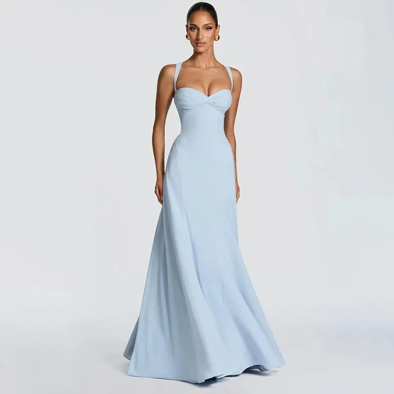 Light blue evening gown on a model against a plain background