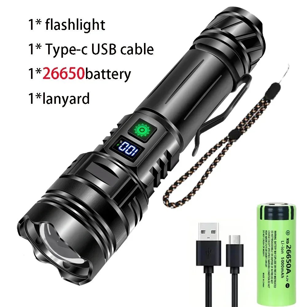Black flashlight with digital display, USB cable, battery, and lanyard on a white background