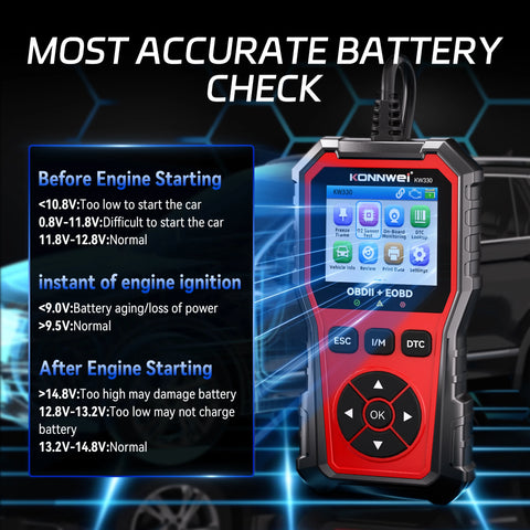 KONNWEI automotive diagnostic tool with battery check information on a dark background