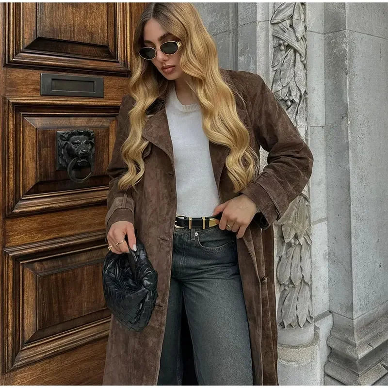 Elegant Suede Long Coat w/ Belt Double Button Lapel Windbreaker Coat New Fashion Oversized High Quality Jacket