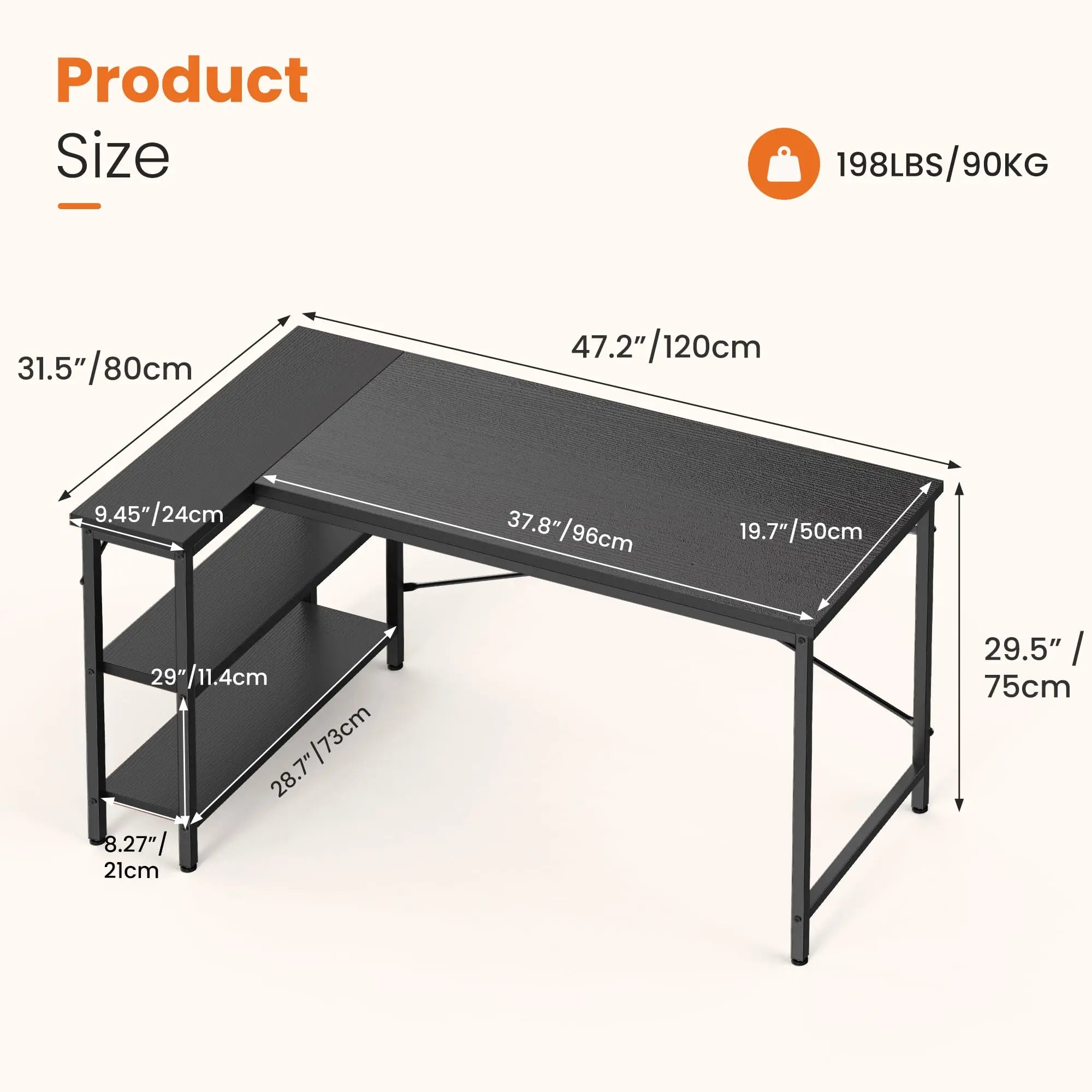 Black L-shaped desk with measurements on a white background