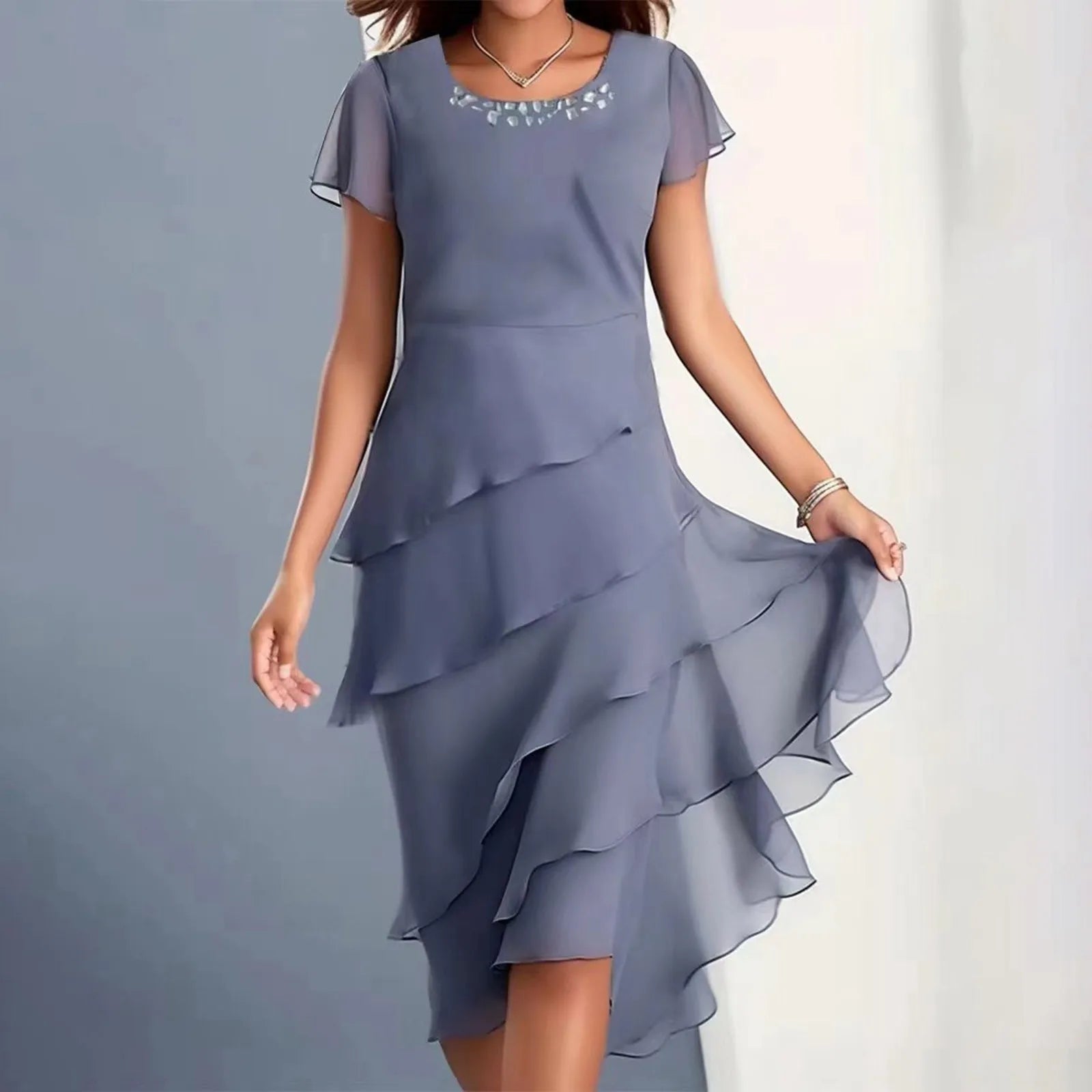 Elegant Layered Chiffon Midi Dress – Flowy Asymmetrical Ruffle Hem Cocktail Dress - Plus Sizes