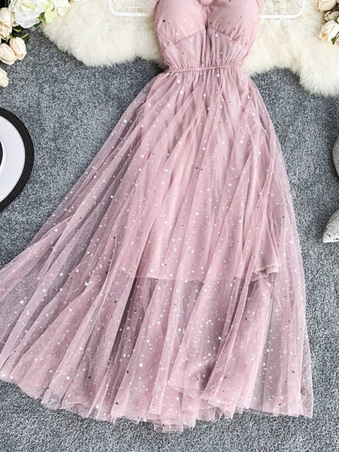 Star Tulle Corset Prom Dress Women Adjustable Spaghetti Strap Vintage Fishnet Mesh Party Fashion