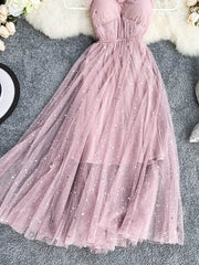 Women's Adjustable Spaghetti Straps Star Tulle Dress Vintage Corset Prom Dress Fishnet Mesh Party Dress