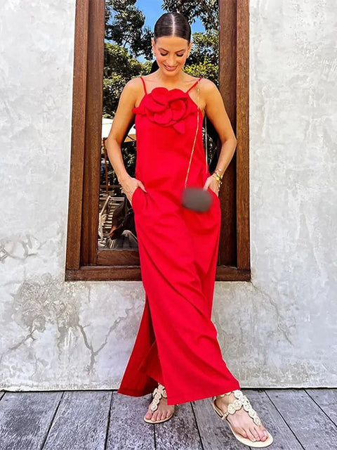 Maxi Dress Women Elegant Sleeveless Solid Color Side Split Vintage Loose Boutique Fashion Casual