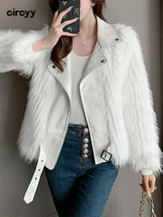 Women's Long Sleeve Short Faux Fur Coat  Zipper Sashes White Turn-down Collar