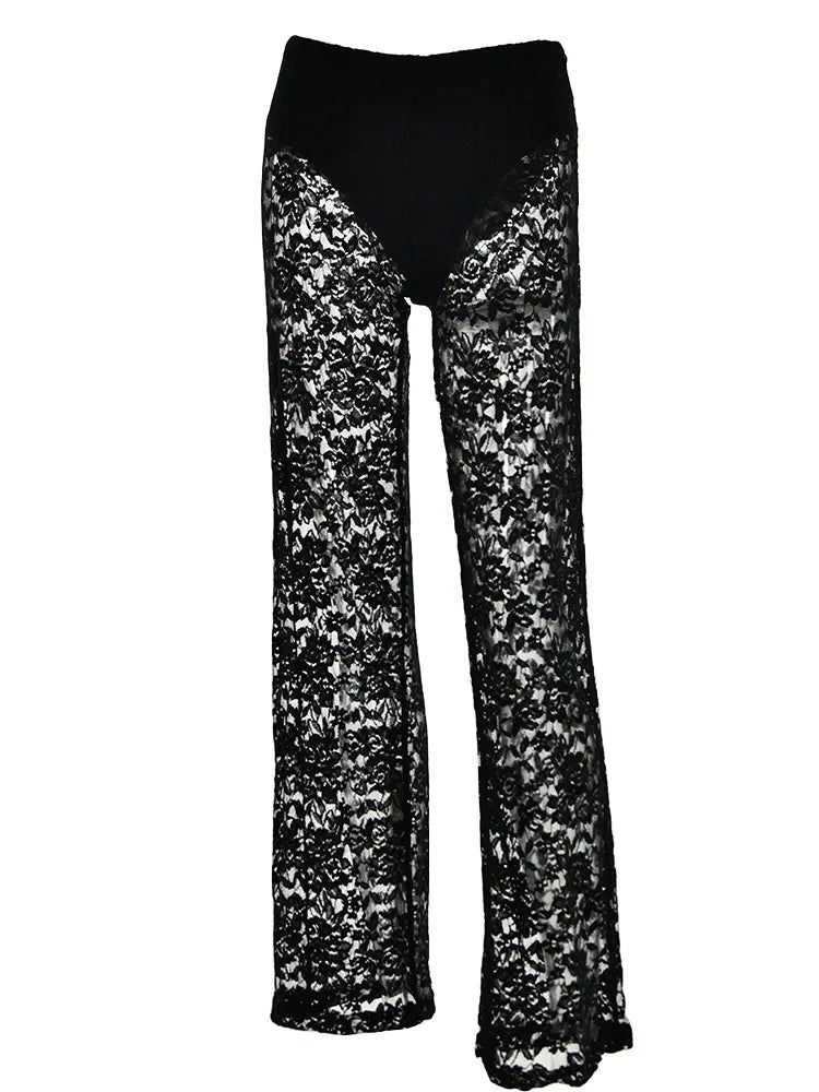 Lace High Waist See-Through  Pants For Women Wide Leg Baggy Hollow Out Trousers High Fashion Straight Pants