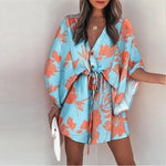 Women's Tropical Print Dress V Neck Batwing Sleeve Tie Mini Dress Beachwear