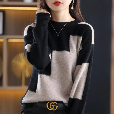 Knit Pullover Sweater Women O-Neck Spliced Color Block Korean Style Casual Fashion Top