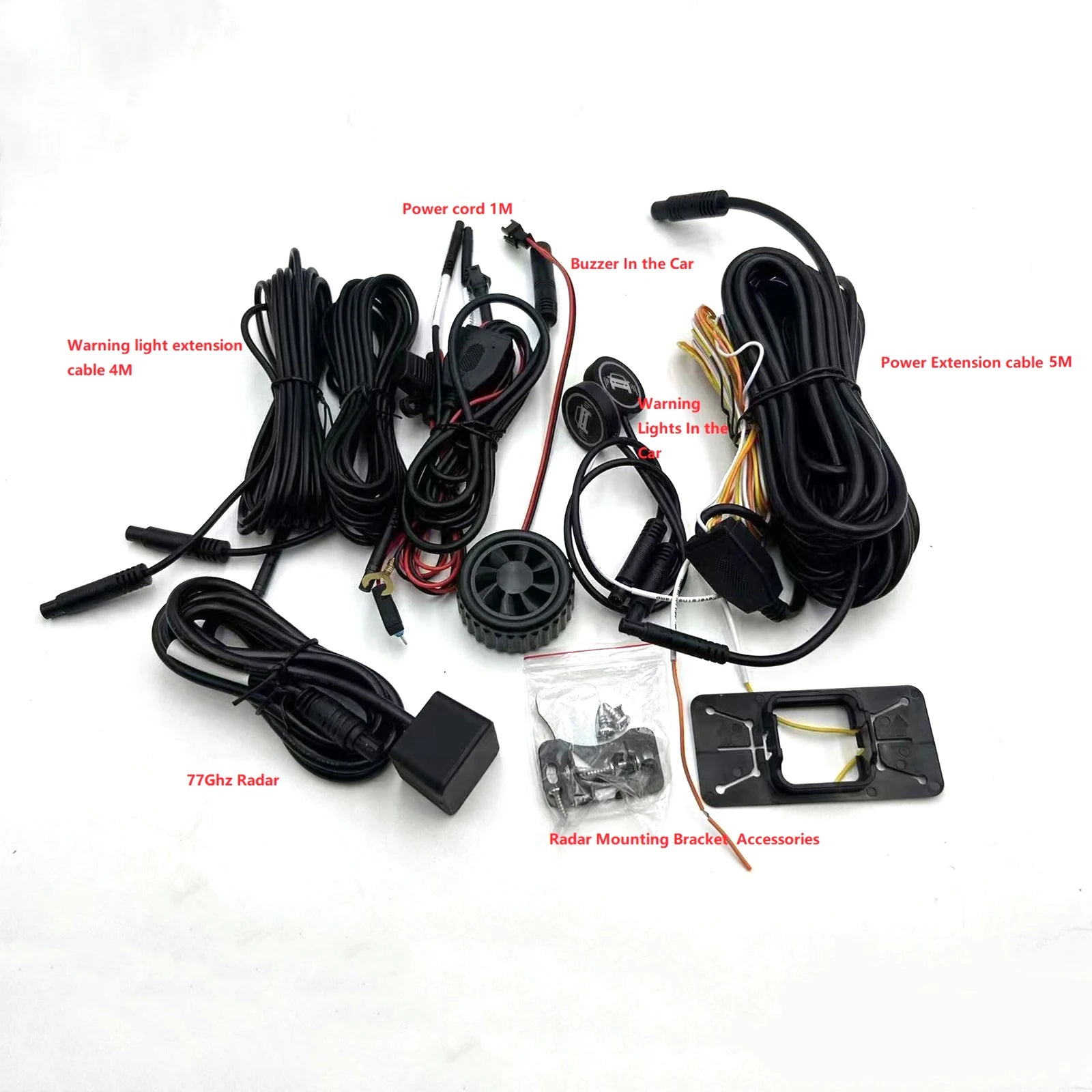 Collection of car radar equipment and accessories on a white background