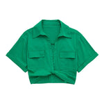 Women's Safari Style Cropped Shirt with Pockets Patch Knotted Short Blouse Chic Cropped Shirt Tops