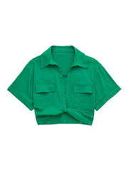 Women's Safari Style Cropped Shirt with Pockets Patch Knotted Short Blouse Chic Cropped Shirt Tops