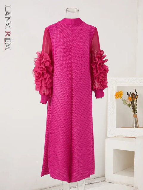 Long Sleeve Maxi Dress Women Pleated Round Neck Spliced Frill Elegant Casual Party Fashion Dress