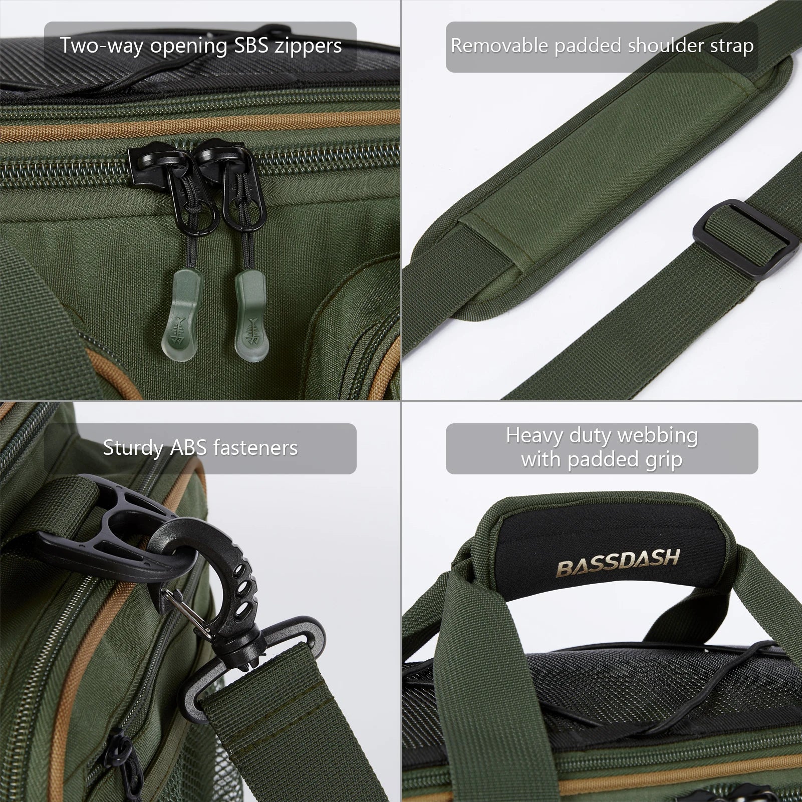 Green bag with features highlighted including SBS zippers, a removable shoulder strap, sturdy fasteners, and heavy-duty webbing.