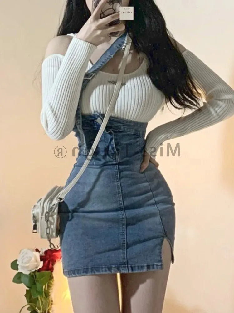 Blue Vintage Knitted Two Piece Skirt Set for Women Sexy Denim Party Mini Skirt with Knitted  Long Sleeve Top