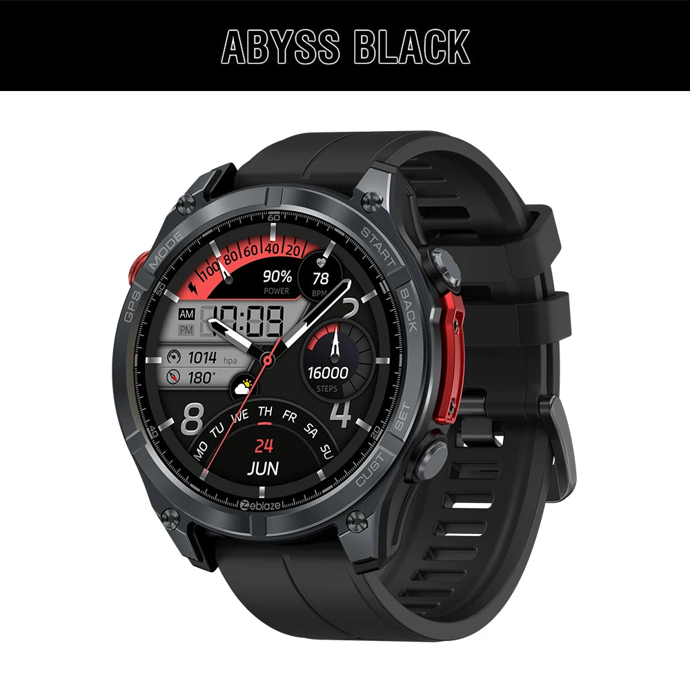 Black smartwatch with red accents on a white background, labeled 'Abyss Black'.