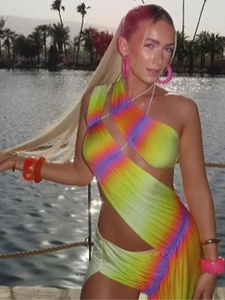 Cutout Tie-Dye Maxi Dress – Vibrant One-Shoulder Summer Beach Dress