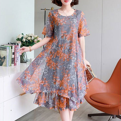 Layered Patchwork A-Line Midi Dress Women Irregular Loose Round Neck Short Sleeve Summer Fashion