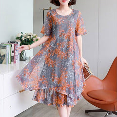 Women's Irregular Loose Midi A-Line Dress Round Neck Summer Short Sleeve Layered Patchwork Dresses