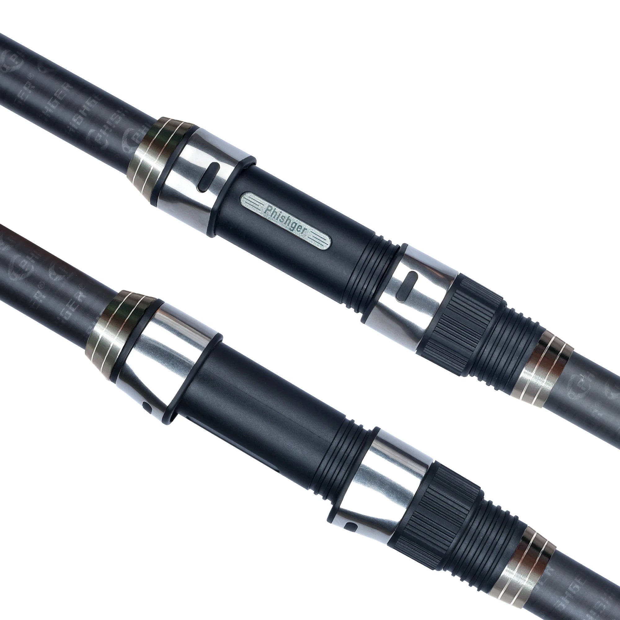 Two fishing rods with black and silver handles on a white background