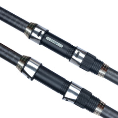 Two fishing rods with black and silver handles on a white background