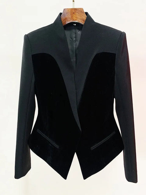 Blazer Women Chic Slim Fit Patchwork Velvet Designer Inspired Elegant Office Fashion Jacket
