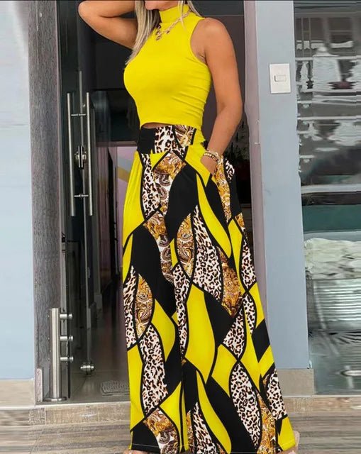 Print Tank Top Wide Leg Pants Two Piece Set Women High Waist Casual Elegant Summer Fashion