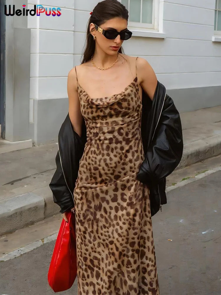 Leopard Print Satin Slip Dress – Sleeveless Cowl Neck Maxi Dress Spaghetti Strap Backless Ruffles Party Gown