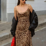 Leopard Print Satin Slip Dress – Sleeveless Cowl Neck Maxi Dress Spaghetti Strap Backless Ruffles Party Gown