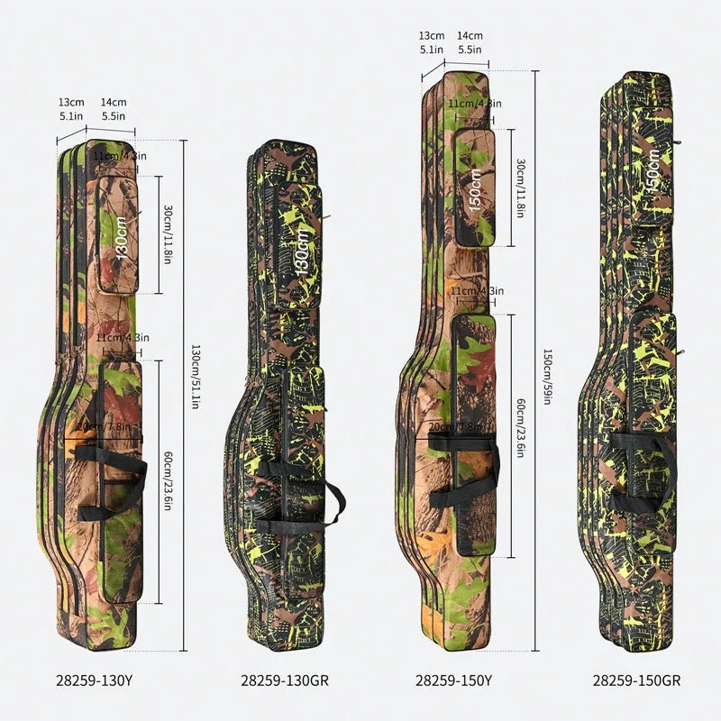 Camouflage guitar case with dimensions on a white background