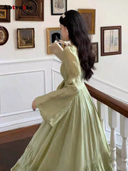 Solid Fairycore Square Collar Flare Sleeve Long Dress