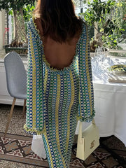 New Fashion Backless Dress Lace Contrast Color Long Sleeve Slim Design Dress