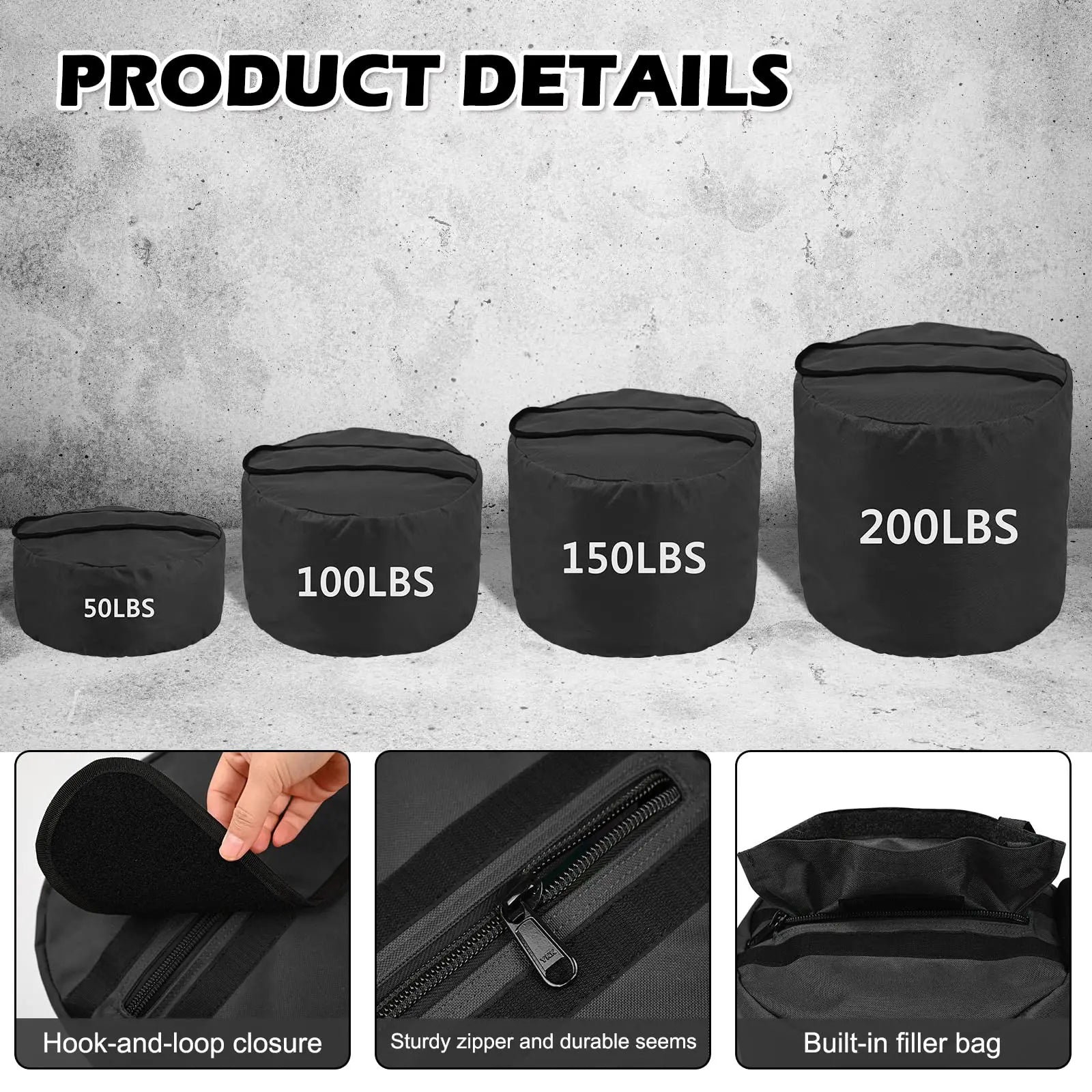 Black weight bags with capacity labels on a concrete surface, featuring close-up details of closure and zipper.