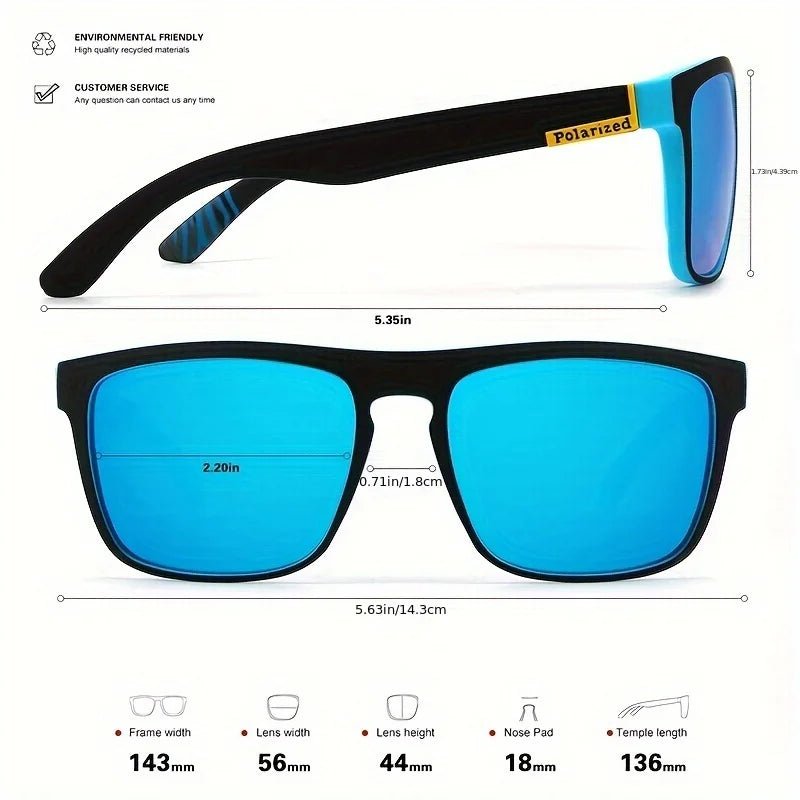 Blue sunglasses with black frame and measurements on a white background