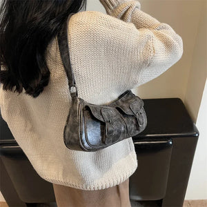 New Fashion Double Pockets PU Leather Shoulder Bag Trendy Crossbody Bag Underarm Bag Handbags