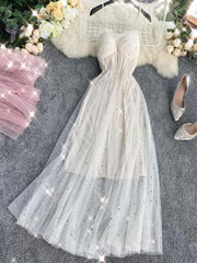 Women's Adjustable Spaghetti Straps Star Tulle Dress Vintage Corset Prom Dress Fishnet Mesh Party Dress