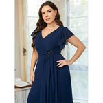 Plus Size Royal Blue V-Neck Chiffon Maxi Dress Short Sleeve Elegant Evening Wedding Party Prom Dress