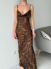 Summer Leopard Print Sexy See-Through Dress Maxi Backless Sheer Beach Dress Lace Up Elegant Floor Length Holiday Dress