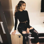 Women's Sexy Bodycon Crop Top Long Sleeve T-shirt O-neck Crop Top Sheath Spring Autumn Fashion Solid Tops