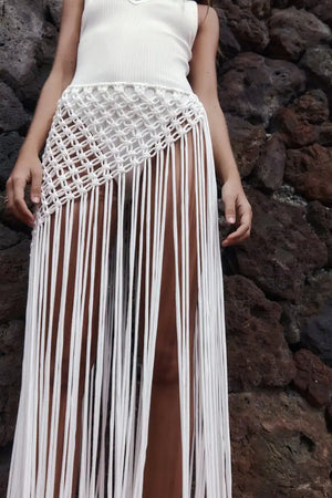 Hand Made Crochet Tassel Maxi Skirts for Women Boutique Fashion Sexy Side Split Knitted Long Beach Cover Ups Casual