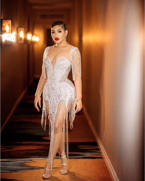 Mini Dress Women Tube Top Rhinestone Tassel Slim Fit Sleeveless Elegant Casual Evening Party Dress