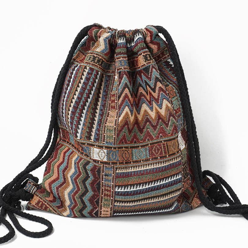 Women's Fabric Backpack Bohemian Hippie Chic Soft Brown Bag Drawstring Backpack