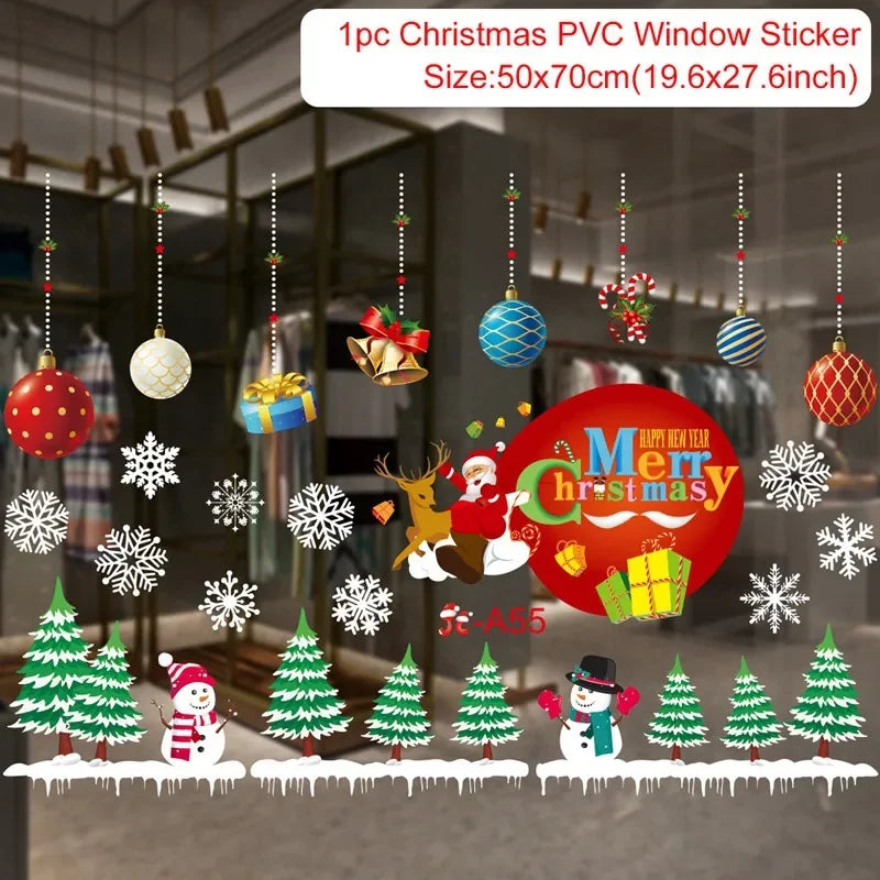 Christmas-themed window stickers with Santa Claus, reindeer, and trees on a glass surface.
