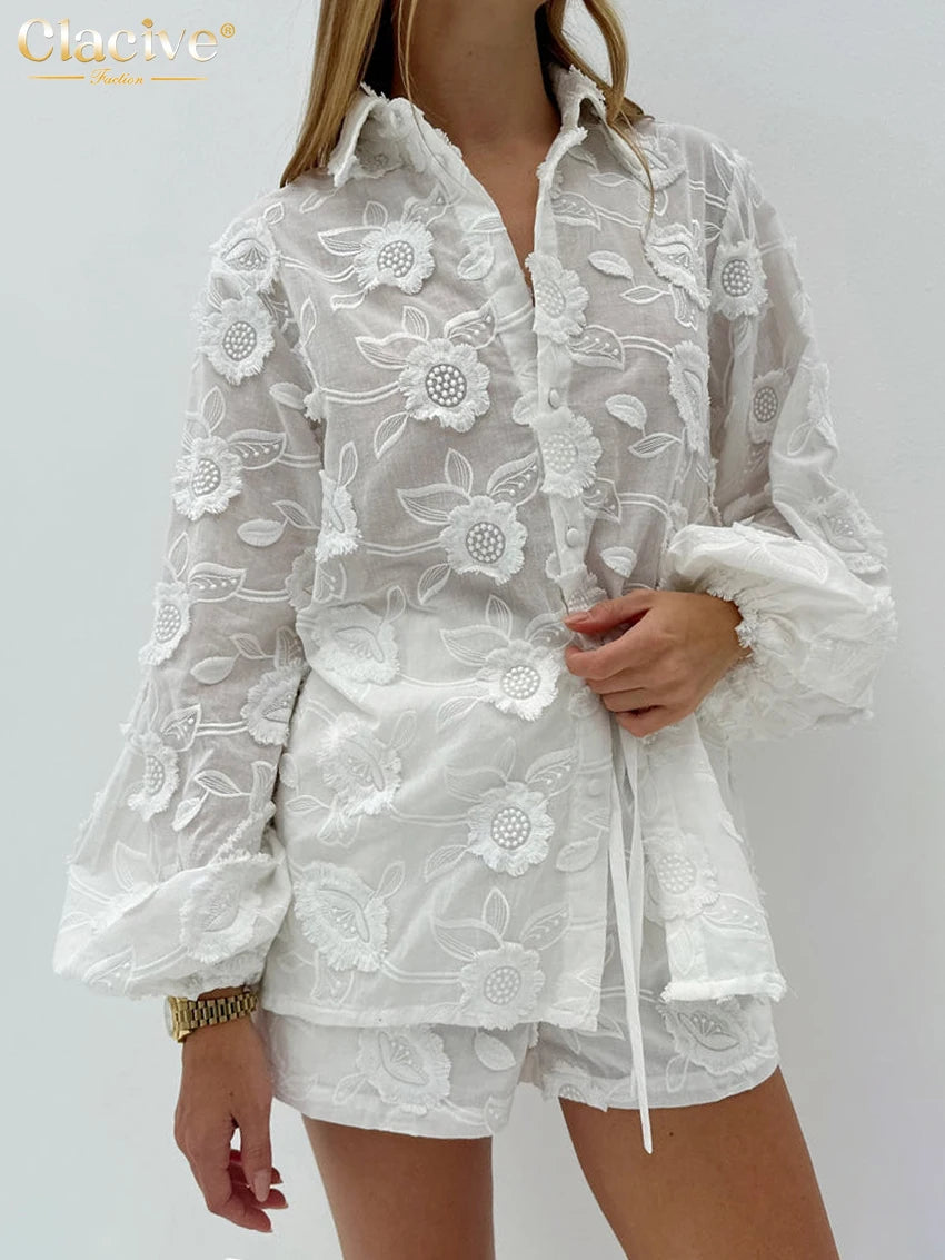 Women's Sheer Floral Embroidered Lace Blouse and Shorts Set – Elegant Two-Piece Outfit