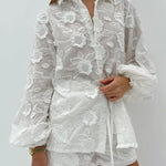 Women's Sheer Floral Embroidered Lace Blouse and Shorts Set – Elegant Two-Piece Outfit