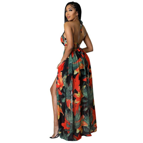 Floral Halter Maxi Dress Women Elegant Backless V-Neck Chain Split Long Party Fashion Dress