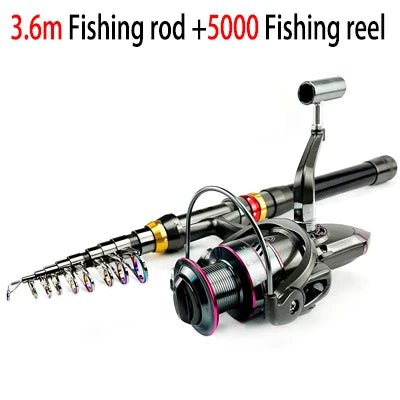 Fishing rod and reel set with measurement text on a white background