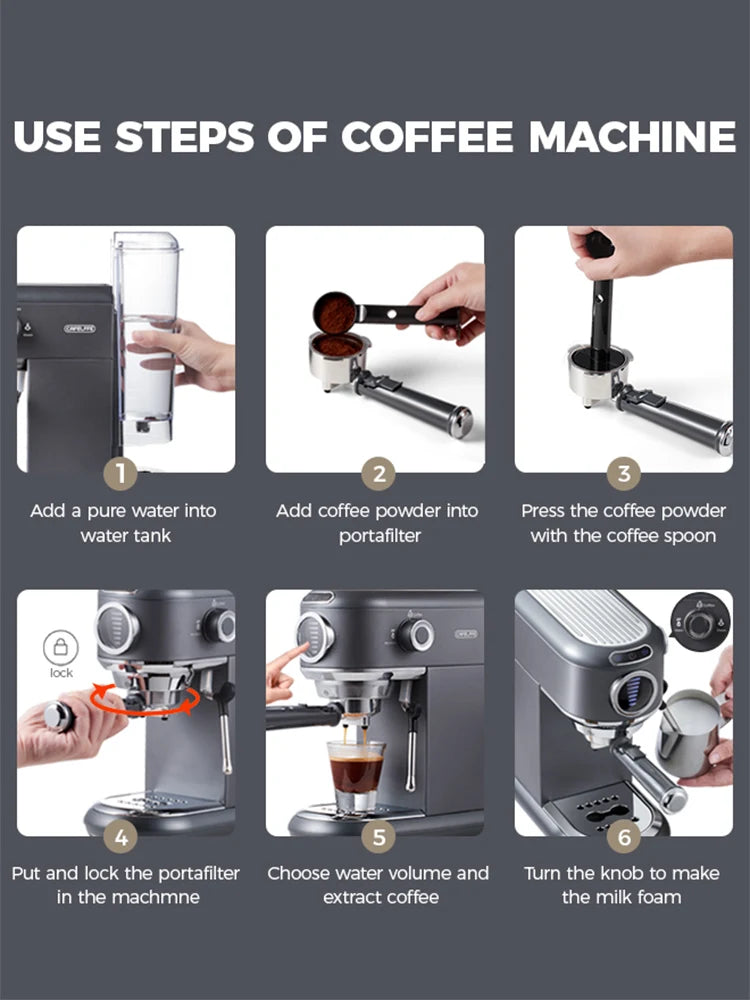 Step-by-step guide on using a coffee machine with images and text instructions.