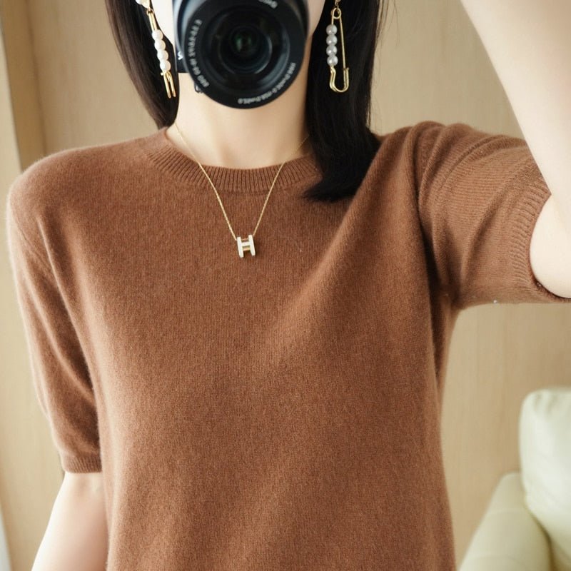 Cashmere Sweater Women O-Neck Short Sleeve Chic Elegant Casual Winter Fashion Top