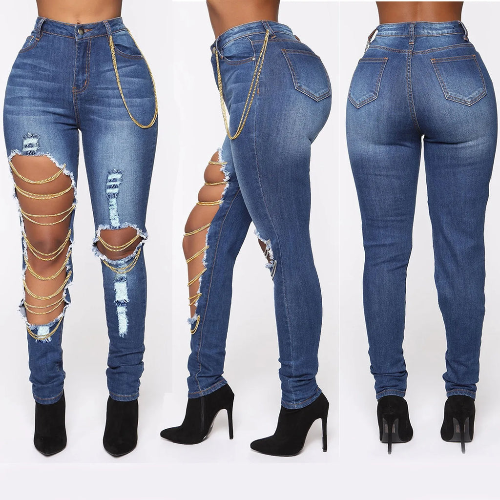 Women's Irregular Distressed Jeans with Holes & Hanging Chain Slim Washed High Waist Leisure Chic Stretchy Pants